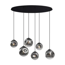 Art deco hanglamp zwart met ovale plafondplaat en smoke glas 6-lichts - Douglass