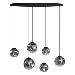 Art deco hanglamp zwart met ovale plafondplaat en smoke glas 6-lichts - Douglass