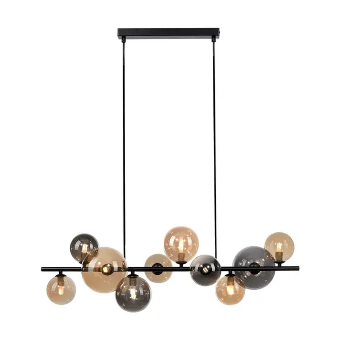 Art Deco hanglamp zwart met smoke en goud 10-lichts - Wess