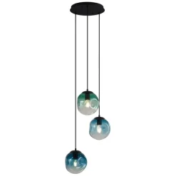Art deco hanglamp zwart met blauw en groen glas 3-lichts - Douglass