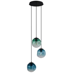 Art deco hanglamp zwart met blauw en groen glas 3-lichts - Douglass