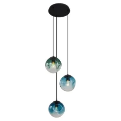 Art deco hanglamp zwart met blauw en groen glas 3-lichts - Douglass