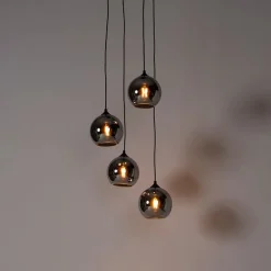 Art Deco hanglamp zwart met smoke glas 4-lichts - Wallace
