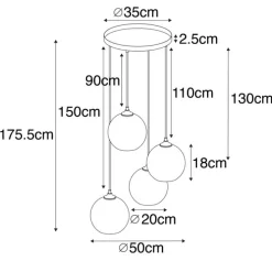 Art Deco hanglamp zwart met smoke glas 4-lichts - Wallace