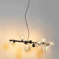 Art deco hanglamp zwart met amber glas 8-lichts - David