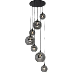 Art deco hanglamp zwart met smoke glas rond 7-lichts - Sandra