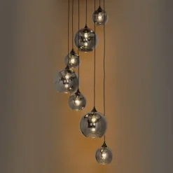 Art deco hanglamp zwart met smoke glas rond 7-lichts - Sandra