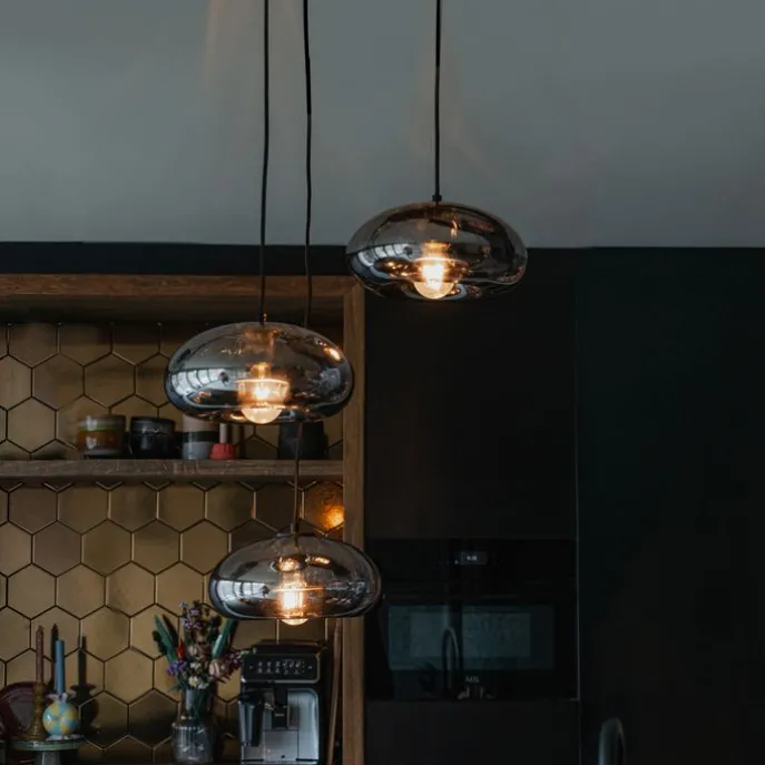 Art Deco hanglamp zwart met smoke glas rond 3-lichts - Ayesha