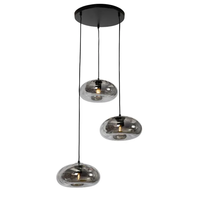Art Deco hanglamp zwart met smoke glas rond 3-lichts - Ayesha