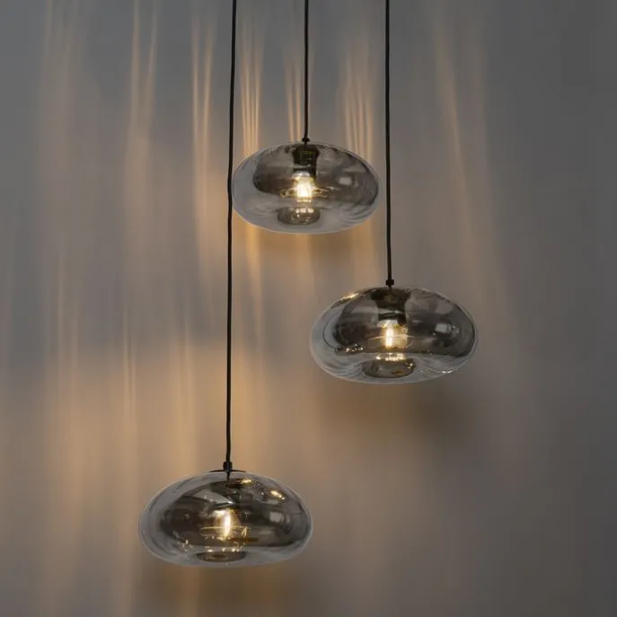 Art Deco hanglamp zwart met smoke glas rond 3-lichts - Ayesha