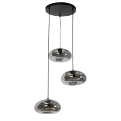 Art Deco hanglamp zwart met smoke glas rond 3-lichts - Ayesha