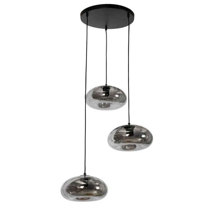 Art Deco hanglamp zwart met smoke glas rond 3-lichts - Ayesha