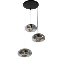 Art Deco hanglamp zwart met smoke glas rond 3-lichts - Ayesha