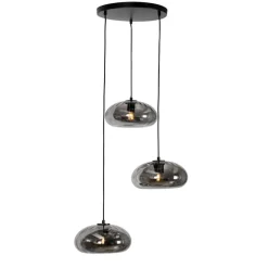 Art Deco hanglamp zwart met smoke glas rond 3-lichts - Ayesha