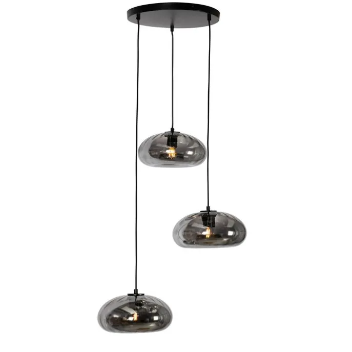 Art Deco hanglamp zwart met smoke glas rond 3-lichts - Ayesha