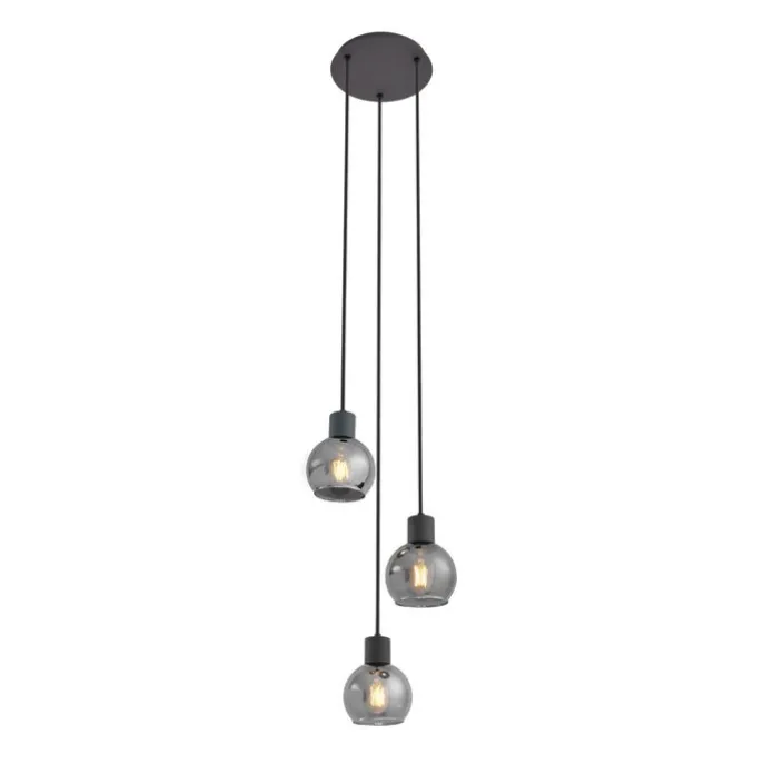 Art Deco hanglamp zwart met smoke glas rond 3-lichts - Vidro