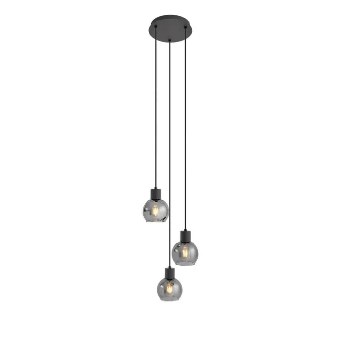 Art Deco hanglamp zwart met smoke glas rond 3-lichts - Vidro