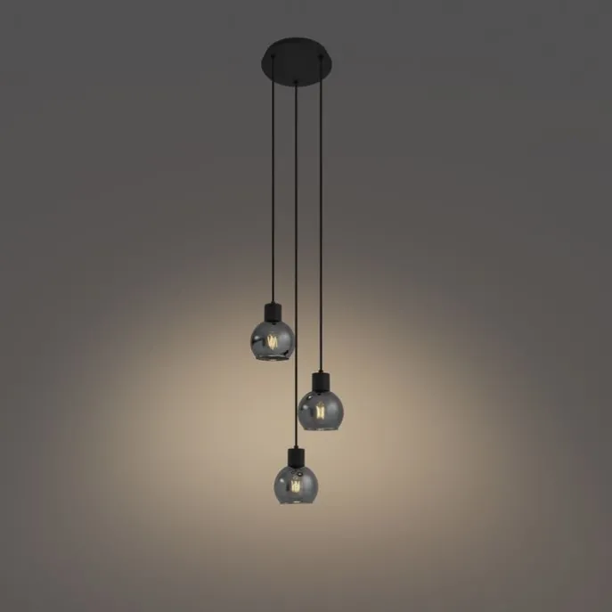 Art Deco hanglamp zwart met smoke glas rond 3-lichts - Vidro