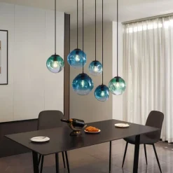 Art deco hanglamp zwart met ovale plafondplaat en groen en blauw glas 6-lichts - Douglass