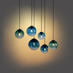 Art deco hanglamp zwart met ovale plafondplaat en groen en blauw glas 6-lichts - Douglass