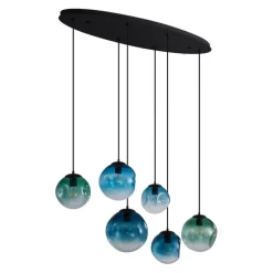 Art deco hanglamp zwart met ovale plafondplaat en groen en blauw glas 6-lichts - Douglass
