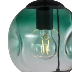 Art deco hanglamp zwart met ovale plafondplaat en groen en blauw glas 6-lichts - Douglass