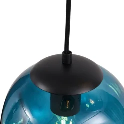 Art deco hanglamp zwart met ovale plafondplaat en groen en blauw glas 6-lichts - Douglass