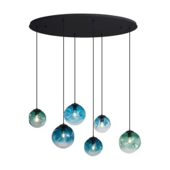 Art deco hanglamp zwart met ovale plafondplaat en groen en blauw glas 6-lichts - Douglass