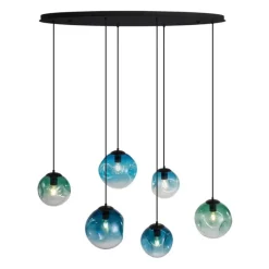 Art deco hanglamp zwart met ovale plafondplaat en groen en blauw glas 6-lichts - Douglass