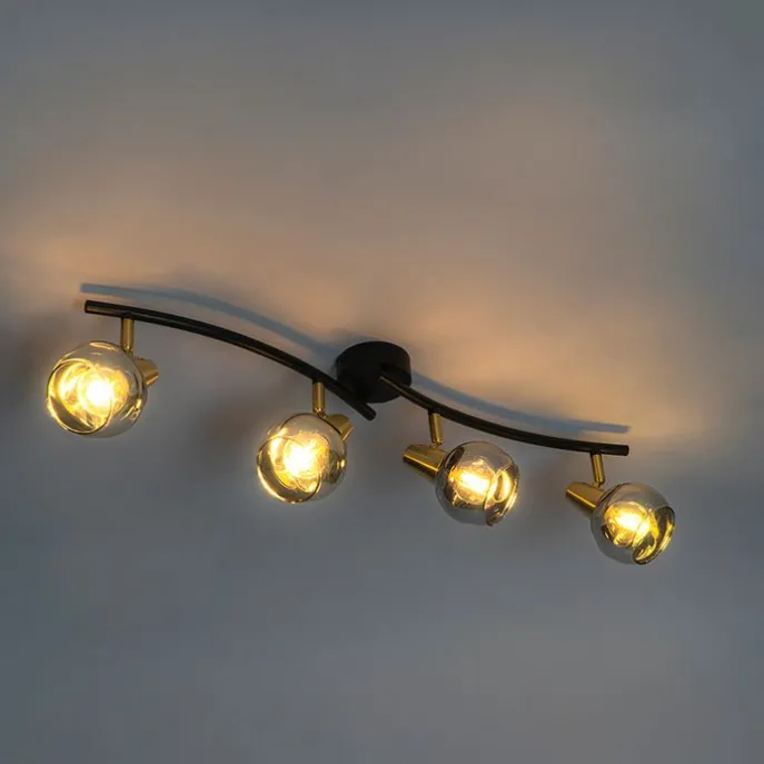 Art Deco plafondlamp goud met smoke glas 4-lichts - Vidro