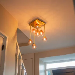 Art Deco plafondlamp goud met roze glas 9-lichts - Athens