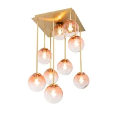 Art Deco plafondlamp goud met roze glas 9-lichts - Athens