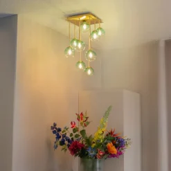 Art Deco plafondlamp goud met groen glas 9-lichts - Athens