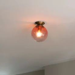 Art deco plafondlamp messing met roze glas - Pallon