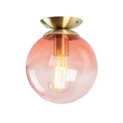 Art deco plafondlamp messing met roze glas - Pallon