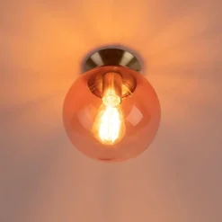 Art deco plafondlamp messing met roze glas - Pallon