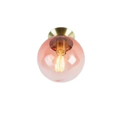 Art deco plafondlamp messing met roze glas - Pallon