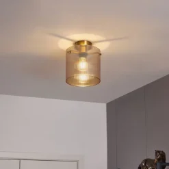 Art Deco plafondlamp messing met amber glas - Laura