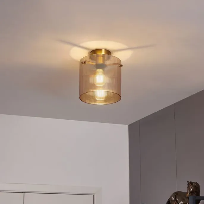 Art Deco plafondlamp messing met amber glas - Laura