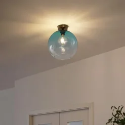 Art Deco plafondlamp messing met blauw glas - Sandra