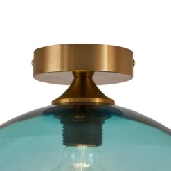 Art Deco plafondlamp messing met blauw glas - Sandra