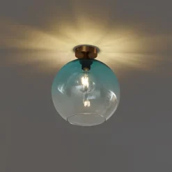 Art Deco plafondlamp messing met blauw glas - Sandra