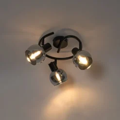 Art Deco plafondlamp zwart met smoke glas 3-lichts rond - Vidro