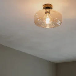 Art deco plafondlamp zwart met amber glas - Bizle