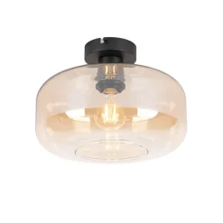 Art deco plafondlamp zwart met amber glas - Bizle