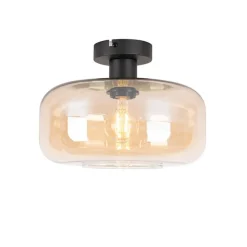 Art deco plafondlamp zwart met amber glas - Bizle