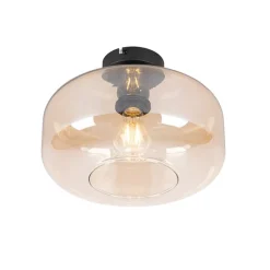 Art deco plafondlamp zwart met amber glas - Bizle