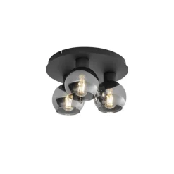 Art Deco plafondlamp zwart met smoke glas 3-lichts - Vidro