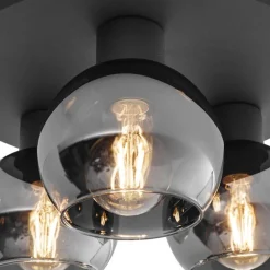 Art Deco plafondlamp zwart met smoke glas 3-lichts - Vidro