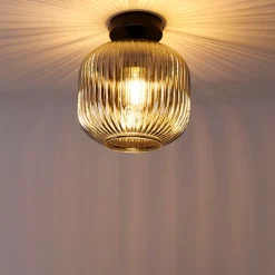Art deco plafondlamp zwart met smoke glas - Karel